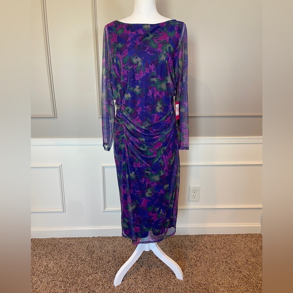 New Vince Camuto 14W Dress Purple Shirred Long Sleeve Mesh Midi Floral $158